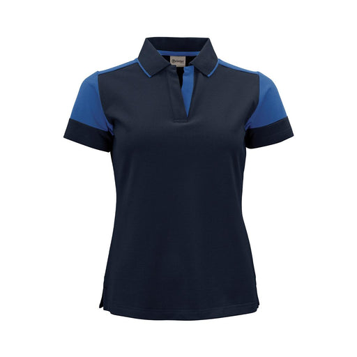 Women's Printer Prime Polo - A women's polo shirt in navy with blue accents, featuring a collared neckline and a logo.