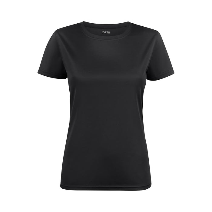 Women's Run Active Tee - A black women's active tee with a classic short-sleeve design and a branding label on the neckline.