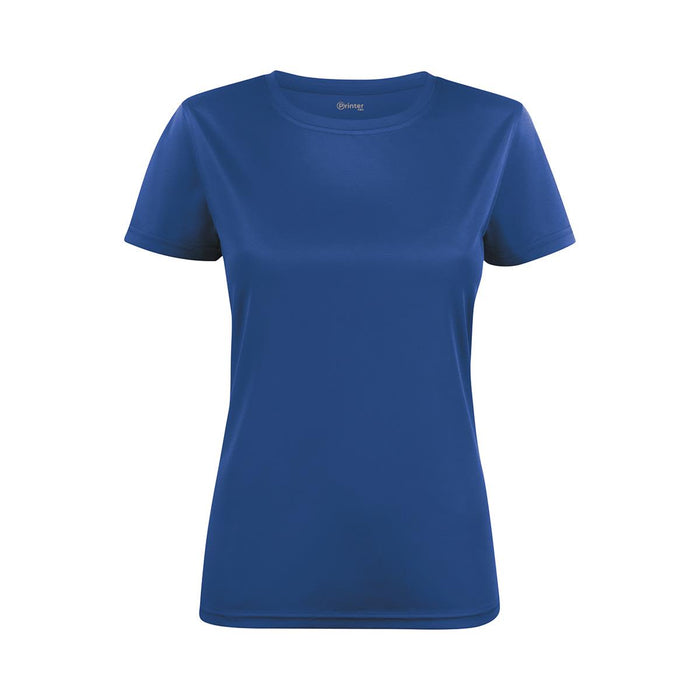 Women's Run Active Tee - A women's active t-shirt in a vibrant blue colour, featuring a round neckline and short sleeves. It has a logo.
