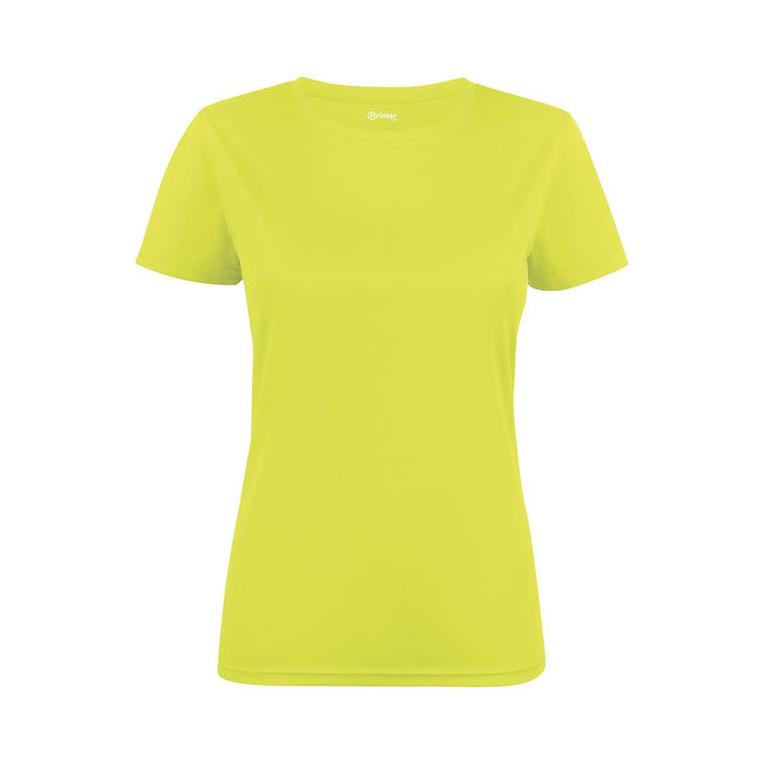 Women's Run Active Tee - A bright yellow women's active tee with short sleeves and a fitted design. It features a logo on the front.