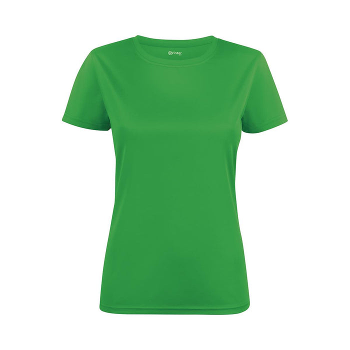Women's Run Active Tee - A green women's active tee with short sleeves, featuring a logo. Suitable for sports and casual wear.