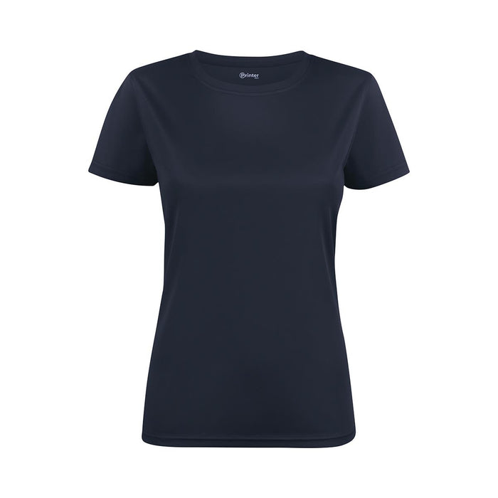 Women's Run Active Tee - A navy blue women's t-shirt featuring a crew neck and short sleeves, with a logo on the neckline.