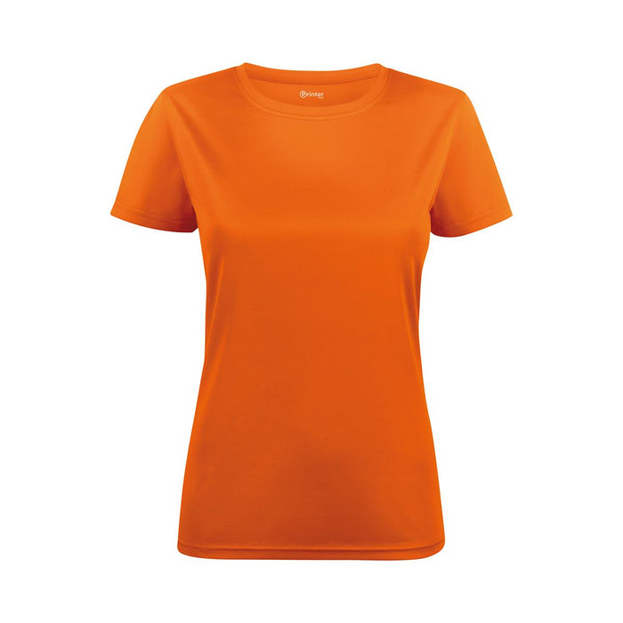 Women's Run Active Tee - An orange women's active tee with a crew neckline and short sleeves, featuring a logo.