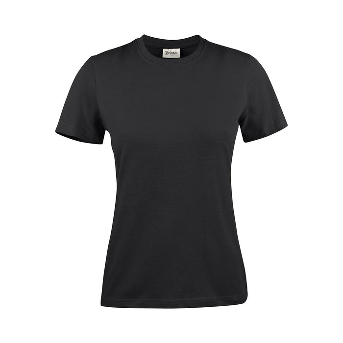 Women's Printer 140 Tee - A black women's t-shirt with short sleeves and a round neckline. The shirt has a logo on it.
