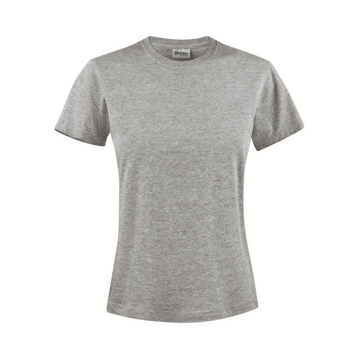 Women's Printer 140 Tee - A grey women's t-shirt with short sleeves and a crew neck, featuring a logo.