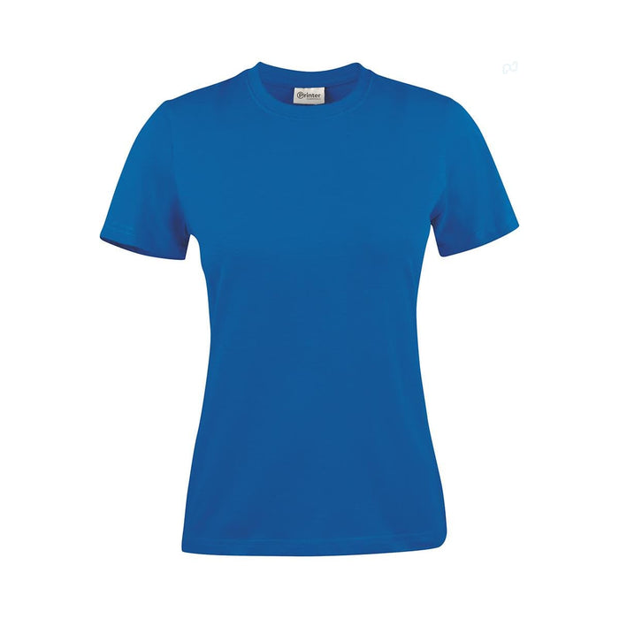 Women's Printer 140 Tee - A bright blue women's t-shirt with short sleeves and a round neckline, featuring a logo on the label.