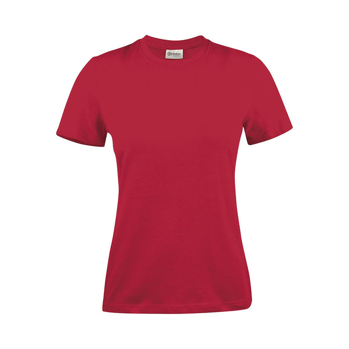 Women's Printer 140 Tee - A women's red t-shirt with a round neckline and short sleeves. It features a logo on the tag.