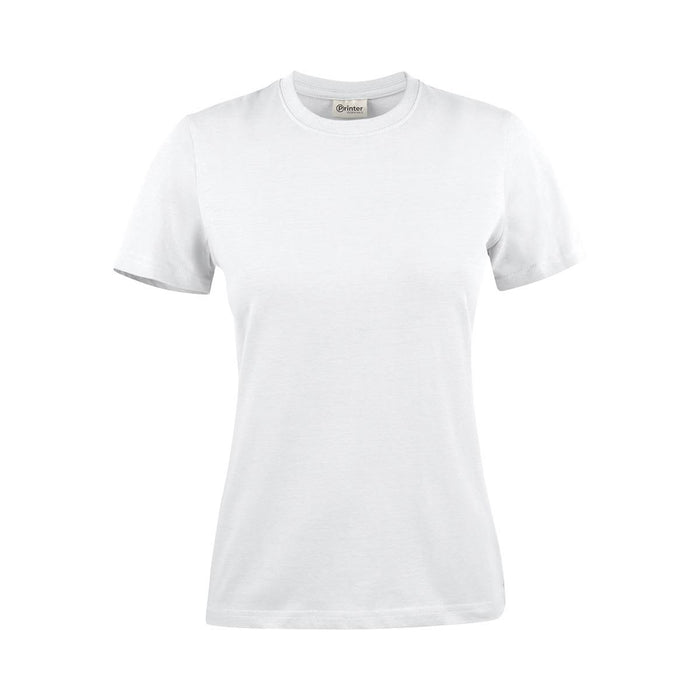 Women's Printer 140 Tee - A white Women's Printer 140 Tee, featuring a classic crew neck and short sleeves. The shirt has a logo on the label.