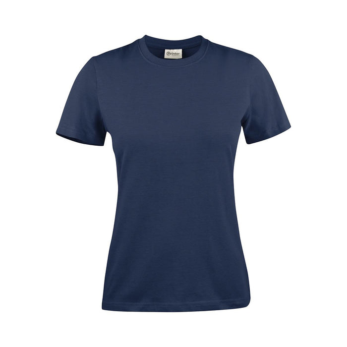 Women's Printer 160 Tee - A navy blue women's t-shirt with short sleeves and a fitted design. The shirt has a logo on the label.