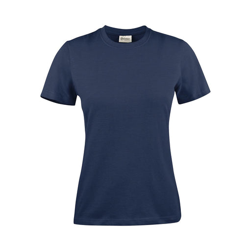 Women's Printer 140 Tee - A navy blue women's t-shirt with short sleeves and a fitted design. The shirt has a logo on the label.