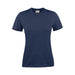 Women's Printer 140 Tee - A navy blue women's t-shirt with short sleeves and a fitted design. The shirt has a logo on the label.