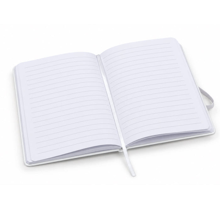 FSC Notebook - A white FSC notebook with lined pages and a ribbon bookmark, open to the centre.