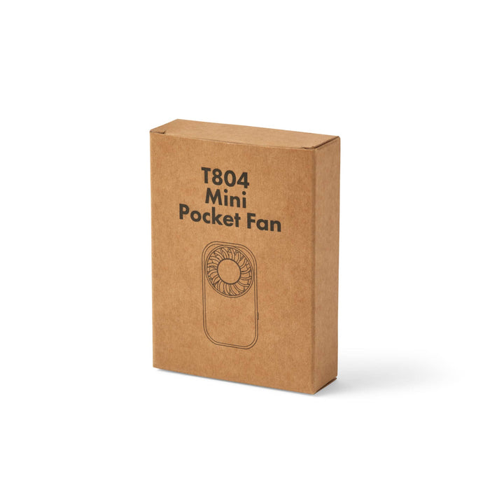 Mini Pocket Fan - A cardboard box containing a mini pocket fan, featuring a simple design and a fan illustration on the front.