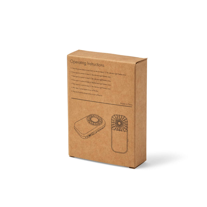Mini Pocket Fan - A brown cardboard box containing a Mini Pocket Fan with operating instructions and a graphic illustration of the fan.