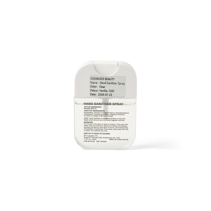Scented 35ml Spray Sanitiser - A clear 35ml spray sanitiser with a vanilla scent, featuring a logo on the label.