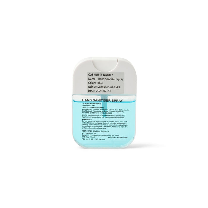 Scented 35ml Spray Sanitiser - A blue 35ml spray sanitiser with a clear liquid and a branding logo on the container. Features a sandalwood scent.