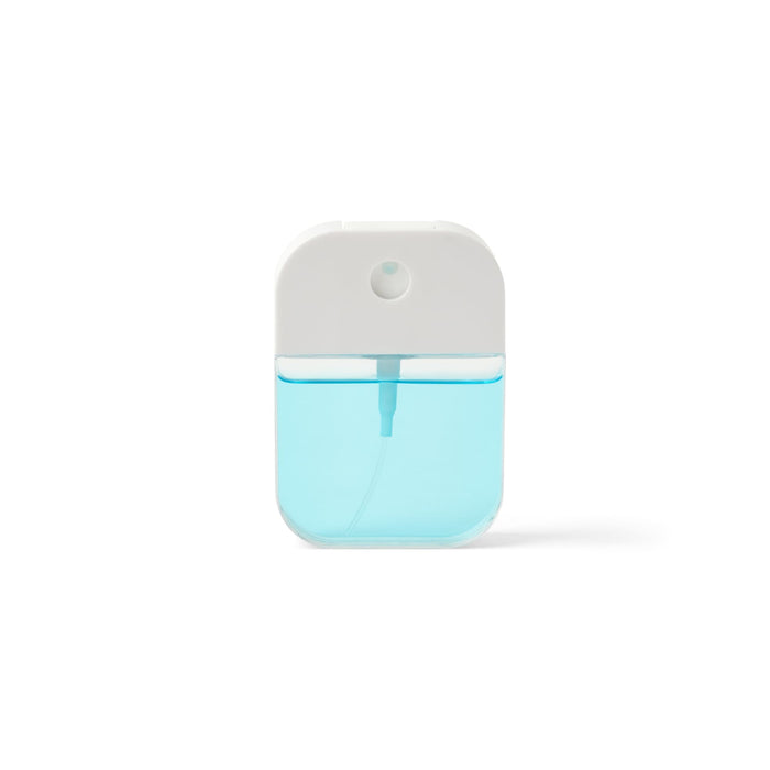 Scented 35ml Spray Sanitiser - A 35ml spray sanitiser with a white top and translucent blue liquid, featuring a logo on the front.
