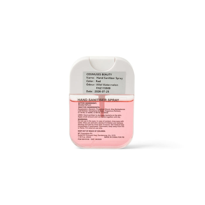 Scented 35ml Spray Sanitiser - A 35ml spray sanitiser in a red container with pink liquid, featuring a logo and details on ingredients.