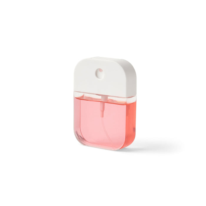 Scented 35ml Spray Sanitiser - A pink 35ml spray sanitiser in a clear container with a white cap and a spray nozzle.