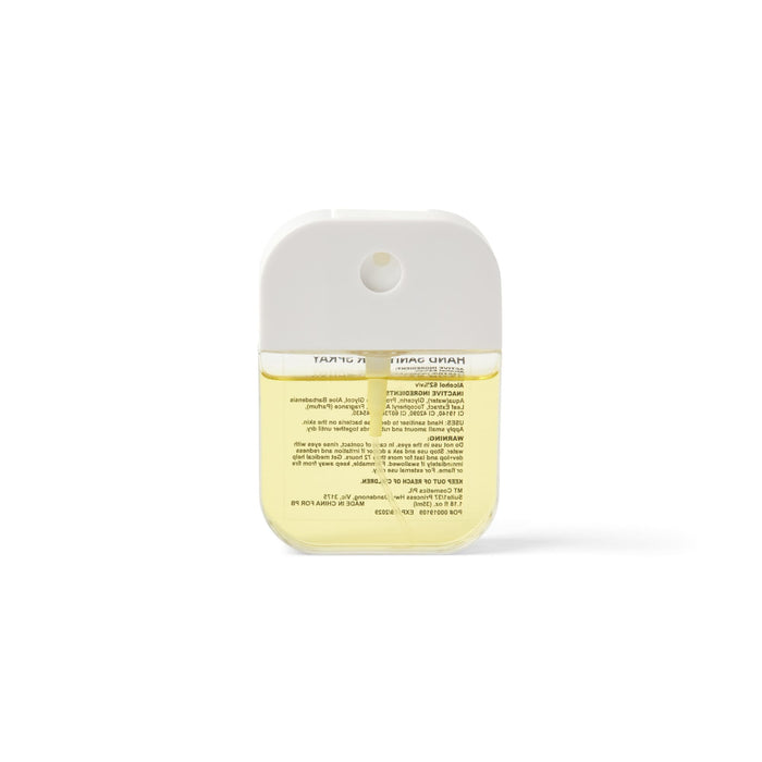 Scented 35ml Spray Sanitiser - A 35ml spray sanitiser in a transparent container with a white cap, featuring a logo on the front.