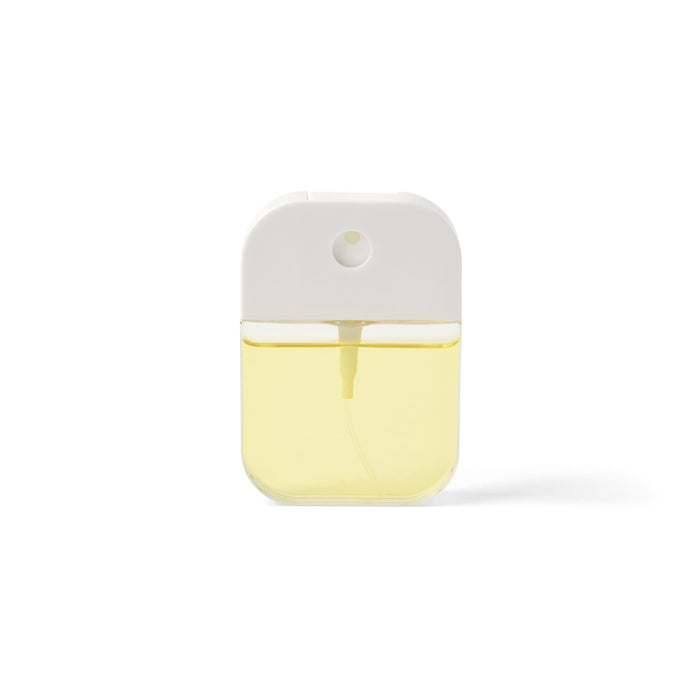 Scented 35ml Spray Sanitiser - A 35ml spray sanitiser in a clear container with a white cap, featuring a yellow liquid inside.