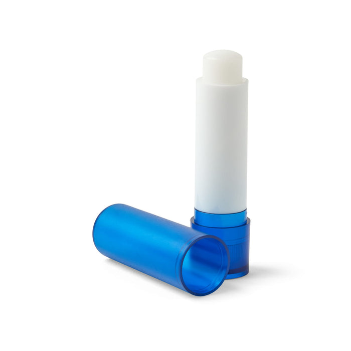 Twist Lip Balm - A blue twist lip balm tube with a white balm stick, displayed upright and next to its outer casing.