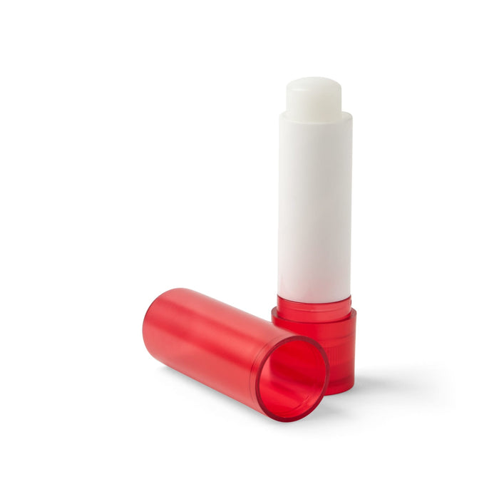 Twist Lip Balm - A red twist lip balm with a white applicator, featuring a transparent cap next to it. It has a simple logo.