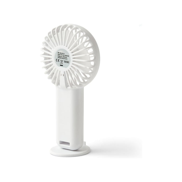 Hybrid Fan - A compact white Hybrid Fan with a circular blade design, featuring a base for stability and a branding logo.