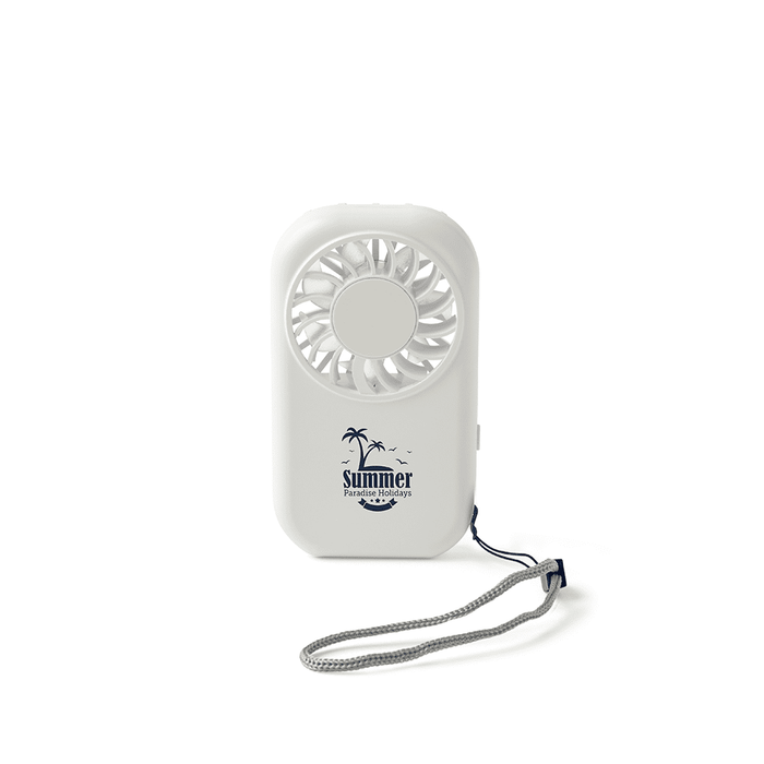 Mini Pocket Fan - A white mini pocket fan with a palm tree logo and a wrist strap.