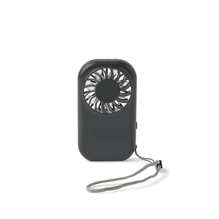 Mini Pocket Fan - A compact grey mini pocket fan with a circular blade and a wrist strap for easy carrying. It has a logo visible.
