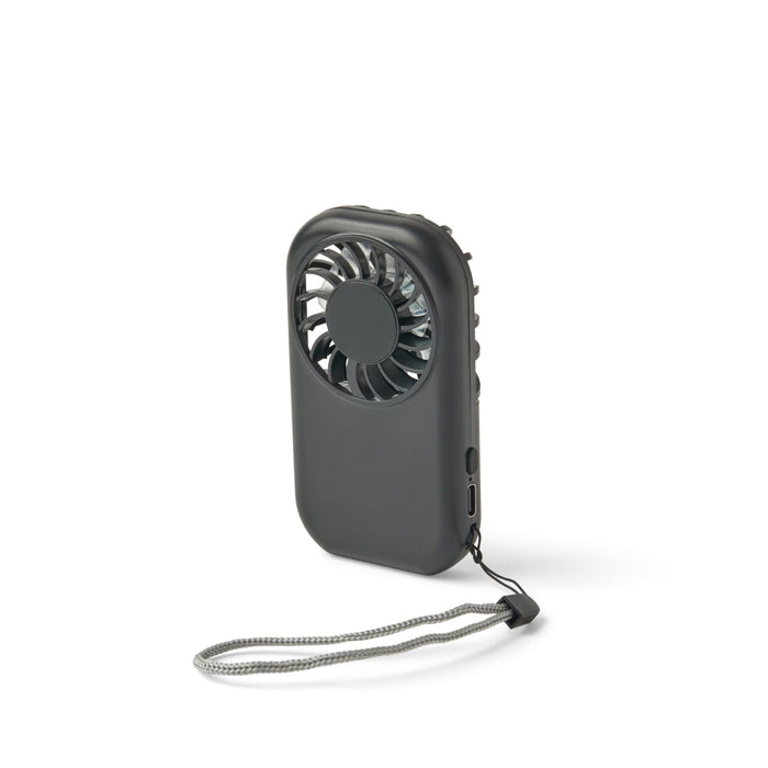 Mini Pocket Fan - A mini pocket fan in black with a textured design and a detachable strap for easy carrying.