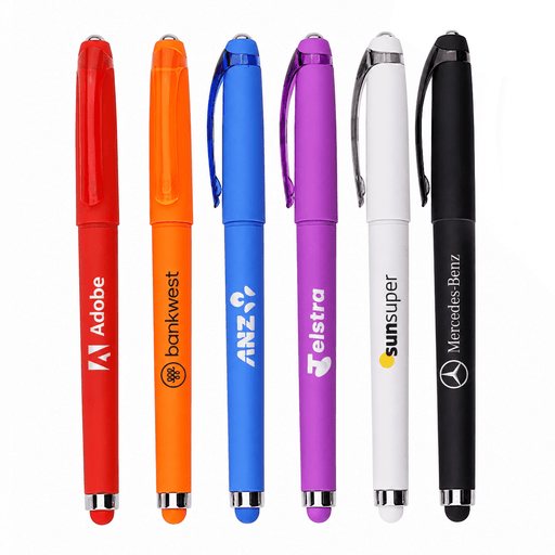 Fidget Gel Pen - A collection of six gel pens in red, orange, blue, purple, white, and black, featuring various branding.