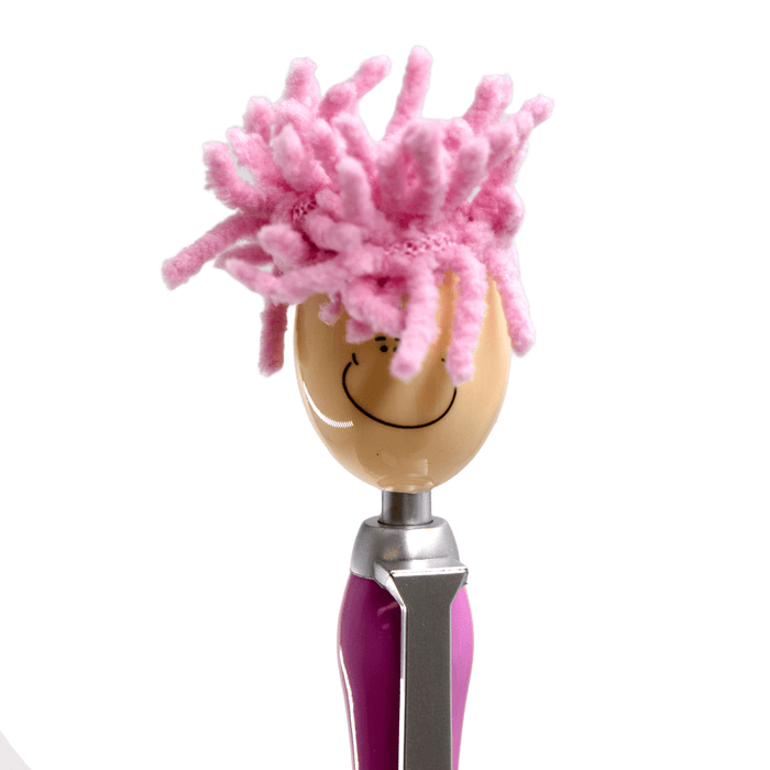 Mop Head Pen with Stylus - A pen featuring a smiley face and a pink mop head, with a stylus at the top.