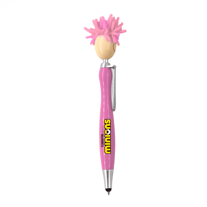 Mop Head Pen with Stylus - A pink pen with a mop head topper, featuring a smiling face and a clip. It includes a stylus at the opposite end.