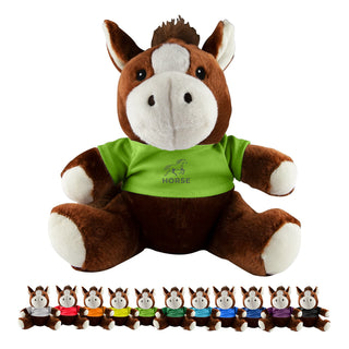 Horse Plush - A brown horse plush toy wearing a green shirt, with smaller versions in various colours lined up below.