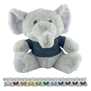 Elephant Plush - A grey elephant plush toy wearing a blue shirt, featuring large ears and a friendly expression. It has a multi-coloured design border.