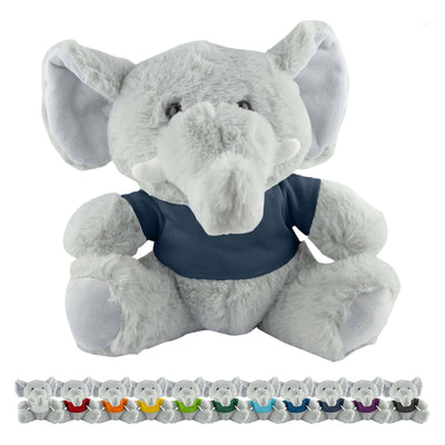 Elephant Plush - A grey elephant plush toy wearing a blue shirt, featuring large ears and a friendly expression. It has a multi-coloured design border.