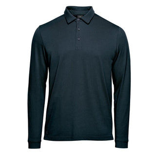 Men's Nevada L/S Micro Pique Polo - A long-sleeve polo in navy blue featuring a collar and three-button placket, with a logo on the hem.