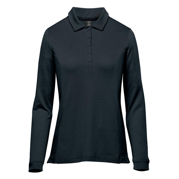 Women's Nevada L/S Micro Pique Polo - A black long-sleeve polo shirt featuring a collar and buttons, with a logo on the chest.