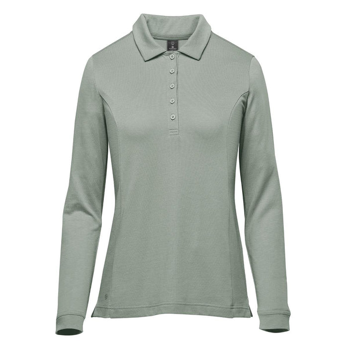 Women's Nevada L/S Micro Pique Polo - A long-sleeve polo shirt in a soft green shade, featuring a collar and a button placket. The shirt has a logo.