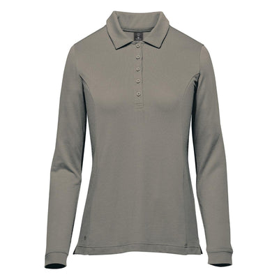 Women's Nevada L/S Micro Pique Polo - A long-sleeve women's polo in a muted grey tone, featuring a collar and buttons, along with a logo.