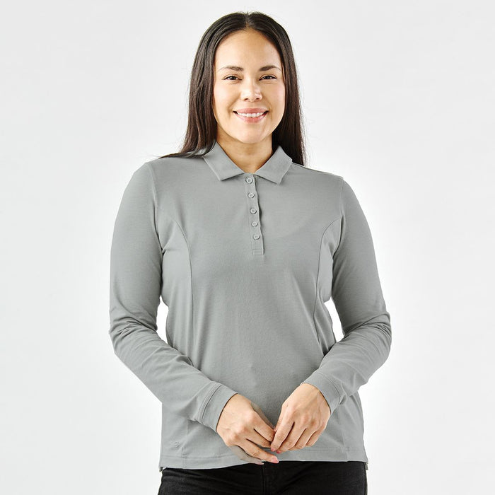 Women's Nevada L/S Micro Pique Polo - A long-sleeve, grey women's polo shirt with a collar and buttons, featuring a branding logo.