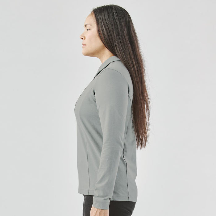 Women's Nevada L/S Micro Pique Polo - A women's long-sleeve micro pique polo in grey, featuring a collar and a fitted design.