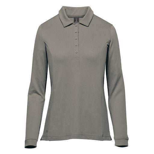 Women's Nevada L/S Micro Pique Polo - A long-sleeve women's polo in a muted grey tone, featuring a collar and buttons, along with a logo.