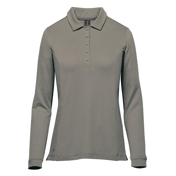 Women's Nevada L/S Micro Pique Polo - A long-sleeve women's polo in a muted grey tone, featuring a collar and buttons, along with a logo.