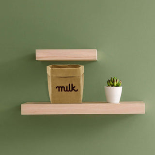 Sewo Kraft Paper Storage Bag – Medium - A medium, brown kraft paper storage bag with a black logo, alongside a small potted plant on wooden shelves.