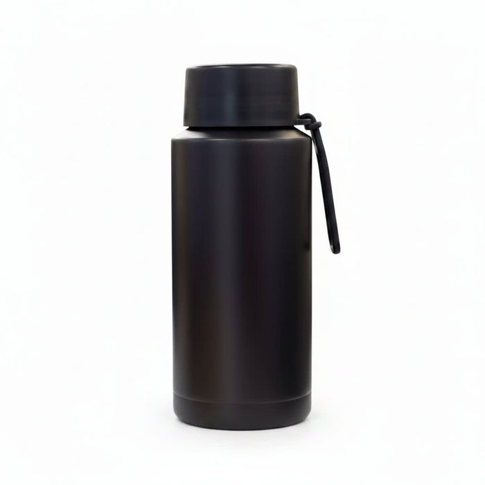 The Sofia 1L Bottle - A drink bottle in matte black with a screw top and a strap, featuring a minimalistic design.