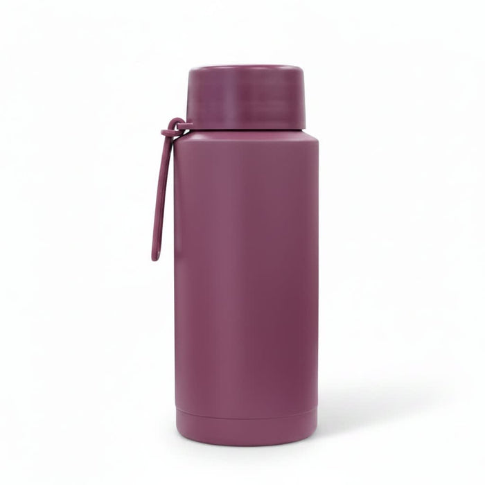 The Sofia 1L Bottle - A drink bottle in a muted mauve hue with a sleek design and a carry strap, featuring a logo.