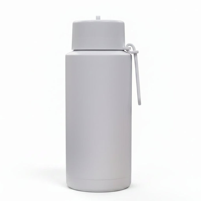 The Sofia 1L Bottle - A drink bottle in smooth white with a secure cap and loop for carrying. It features a logo.