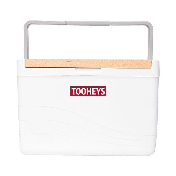 11L Premium Cooler Box - A white cooler box with a wooden handle and a logo on the front. Suitable for keeping items cool.